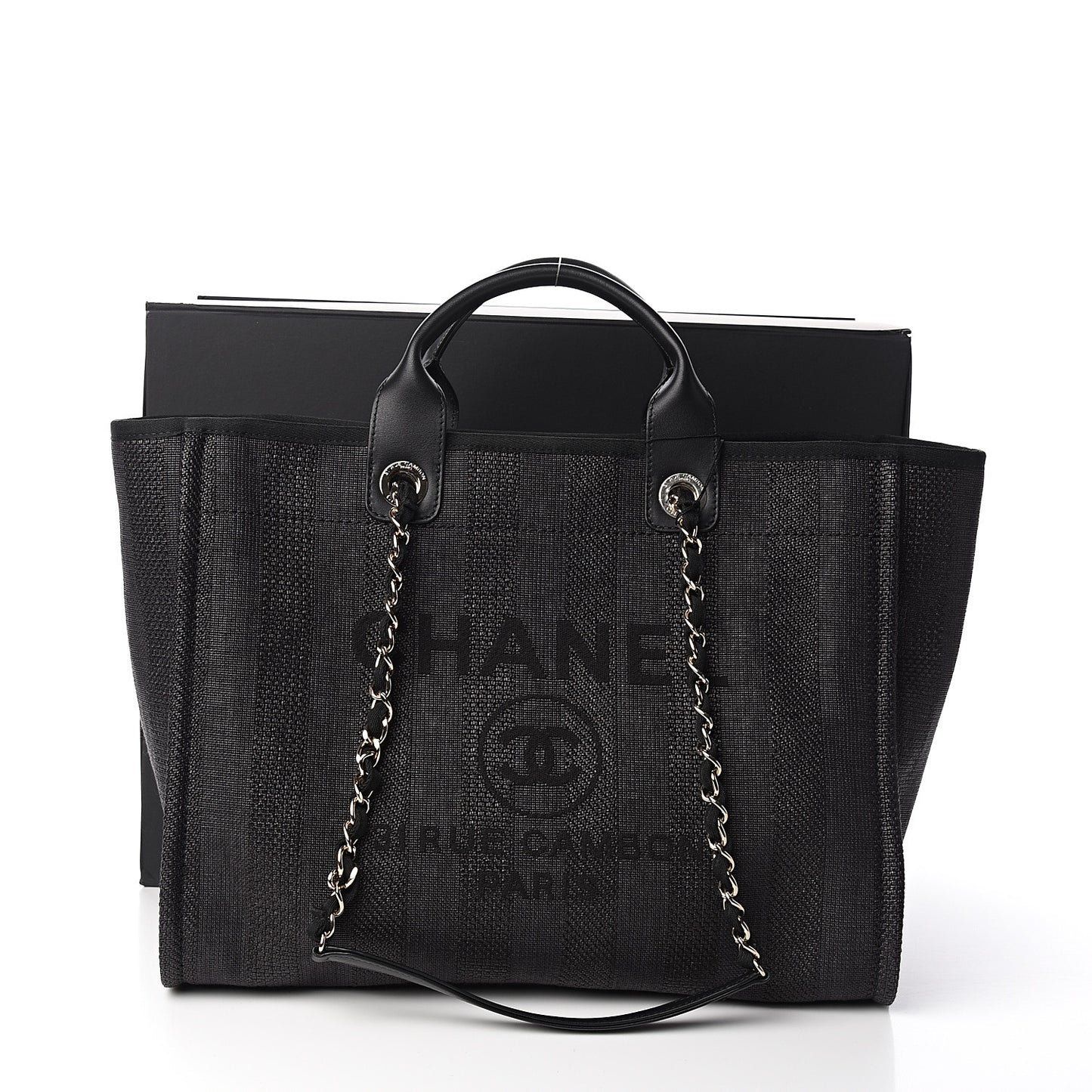 Mixed Fibers Calfskin Striped Medium Deauville Tote Black