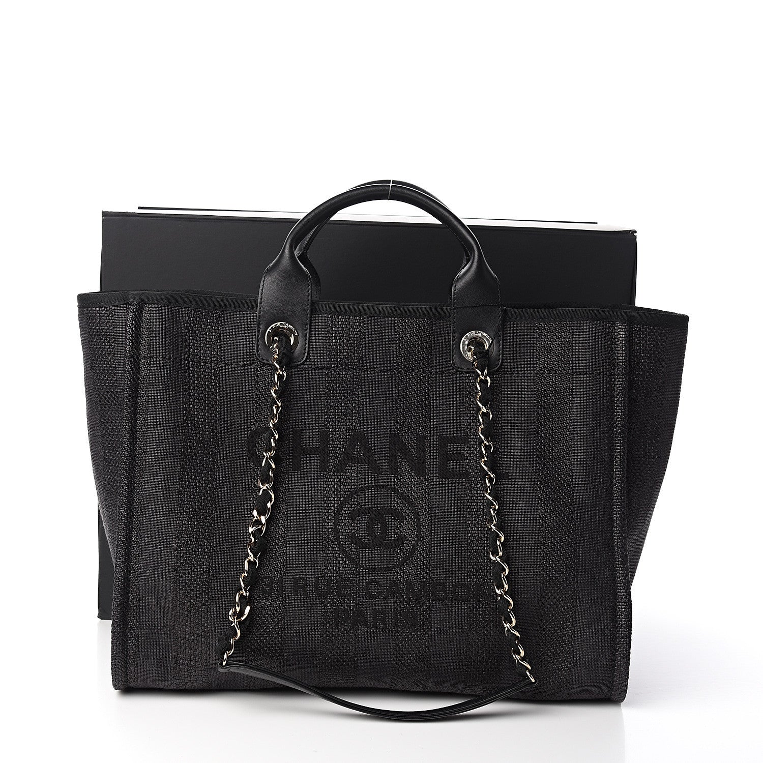Chanel Mixed Fibers Calfskin Striped Medium Deauville Tote Black 9 of 9