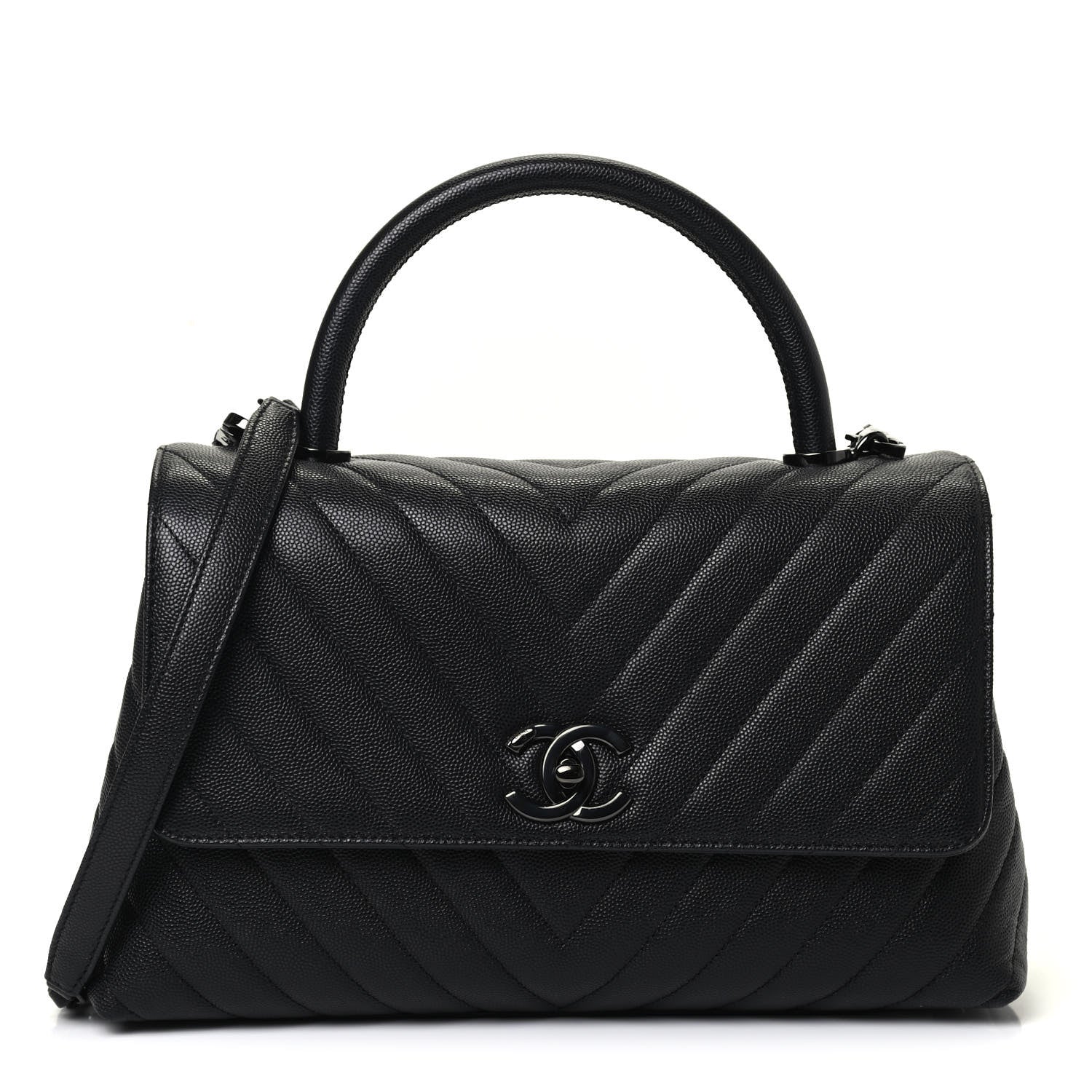 Chanel Caviar Chevron Quilted Small Coco Handle Flap So Black 1 of 4