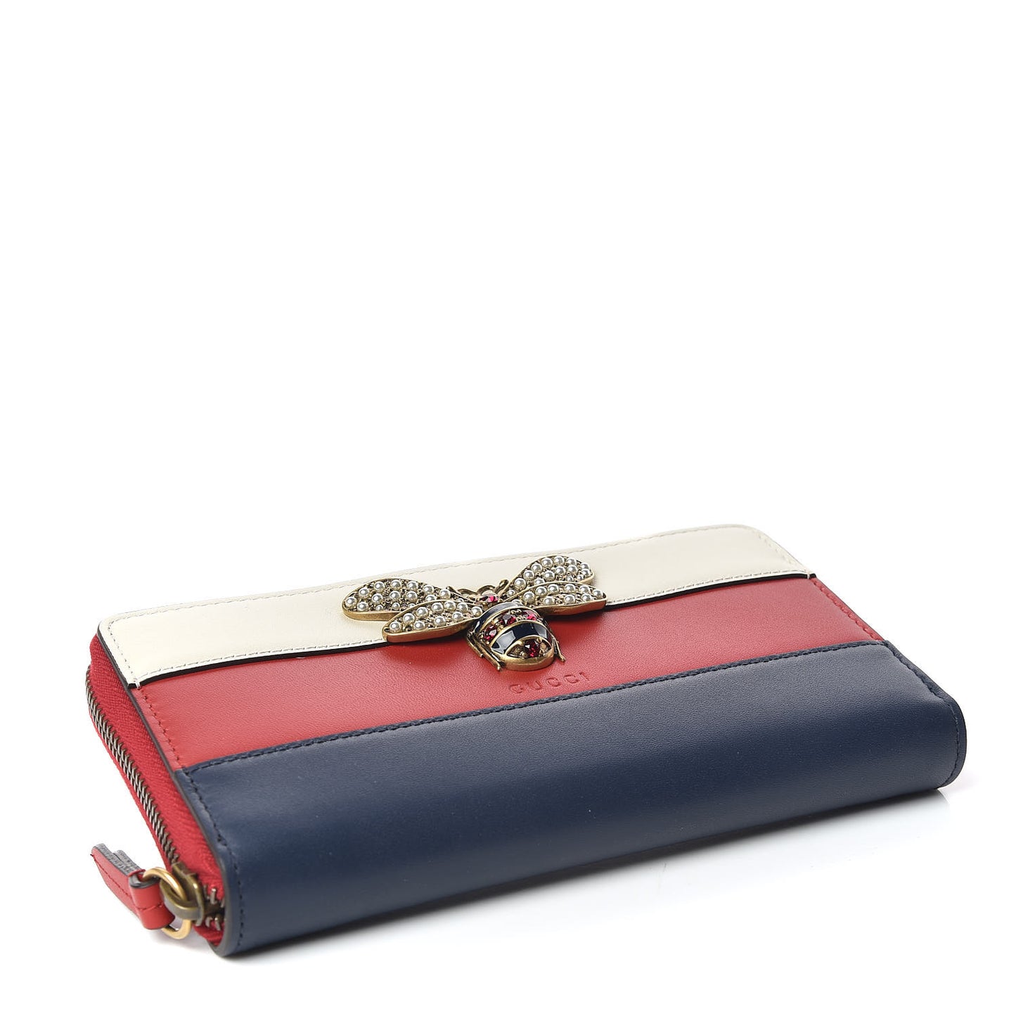 Calfskin Queen Margaret Zip Around Wallet Blue Agata Hibiscus Red Mystic White