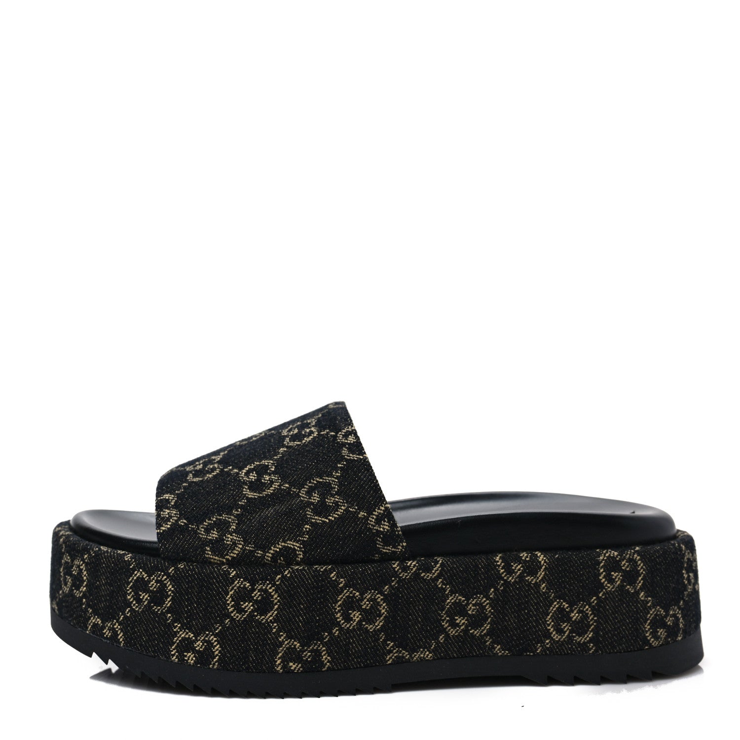 Gucci Jacquard Black Denim GG Monogram Angelina Platform 55mm Slide Sandals 35.5 Black Ivory 1 of 9