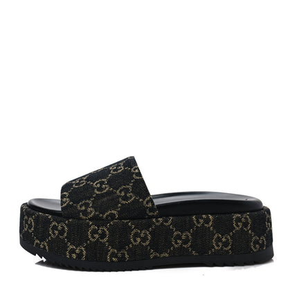 Gucci Jacquard Black Denim GG Monogram Angelina Platform 55mm Slide Sandals 35.5 Black Ivory 1 of 9