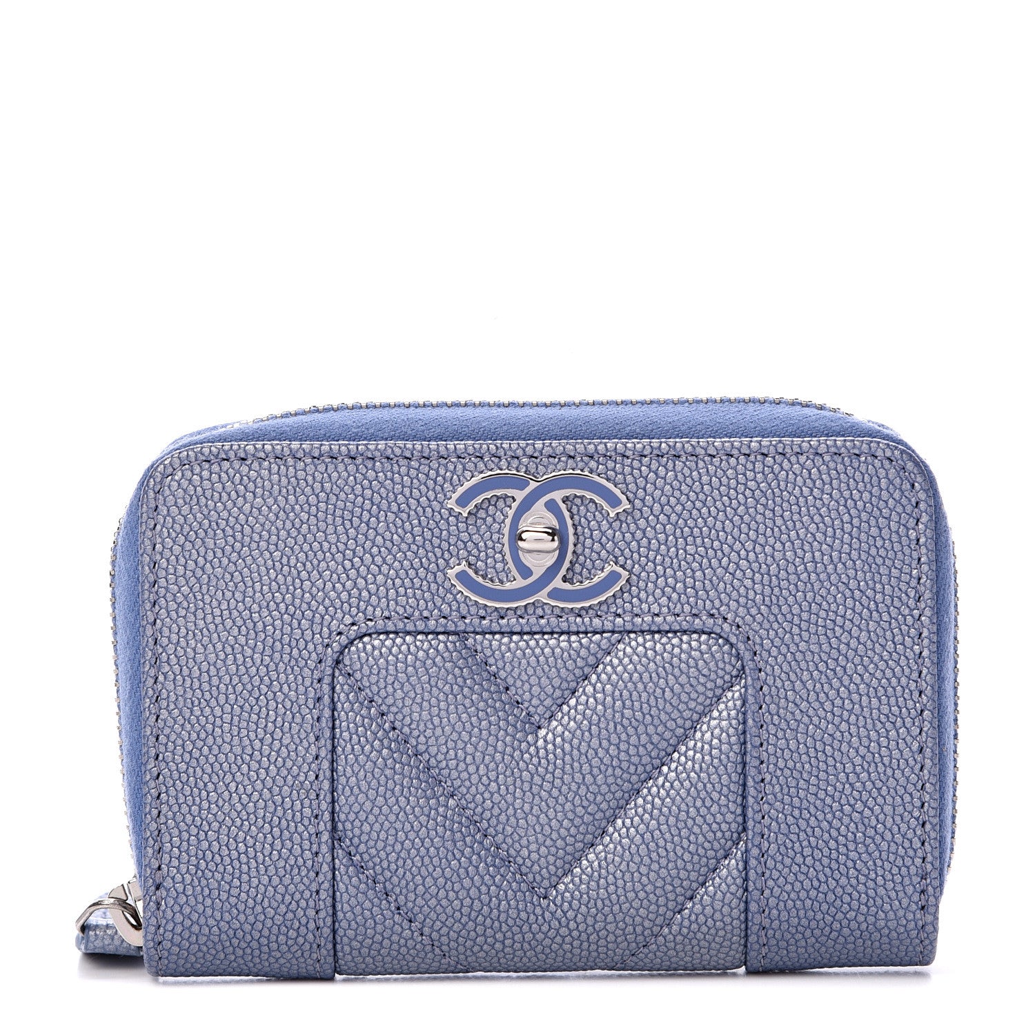 Chanel Metallic Caviar Chevron Quilted Vintage Mademoiselle Zip Coin Purse Light Blue 1 of 7