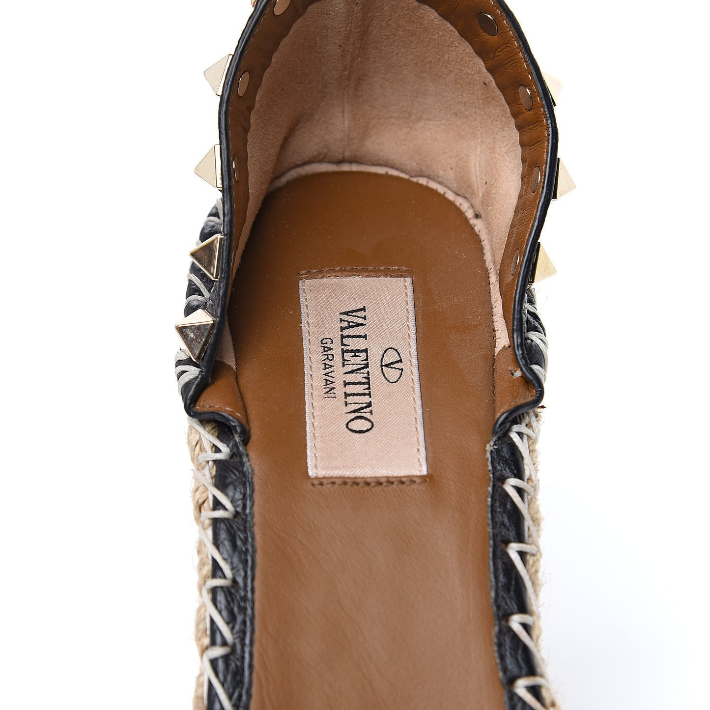 Grained Calfskin Rockstud Ankle Strap Espadrille 15/105mm Wedge Sandals 37 Black Light Cuir Natural