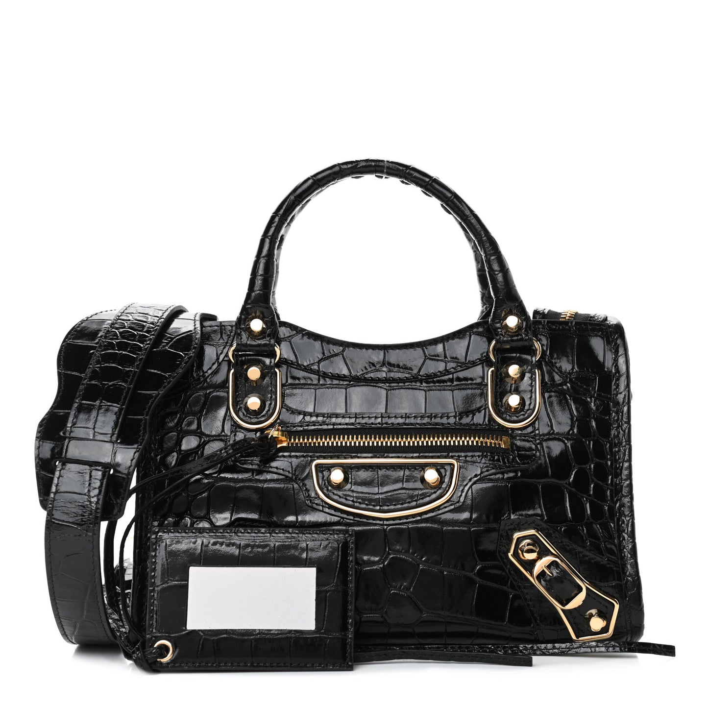 Shiny Supple Calfskin Crocodile Embossed Gold Metallic Edge Hardware Mini City Black