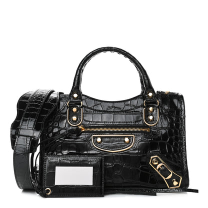 Balenciaga Shiny Supple Calfskin Crocodile Embossed Gold Metallic Edge Hardware Mini City Black 1 of 4