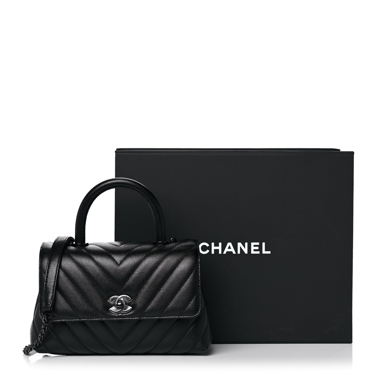 Caviar Chevron Quilted Mini Coco Handle Flap So Black