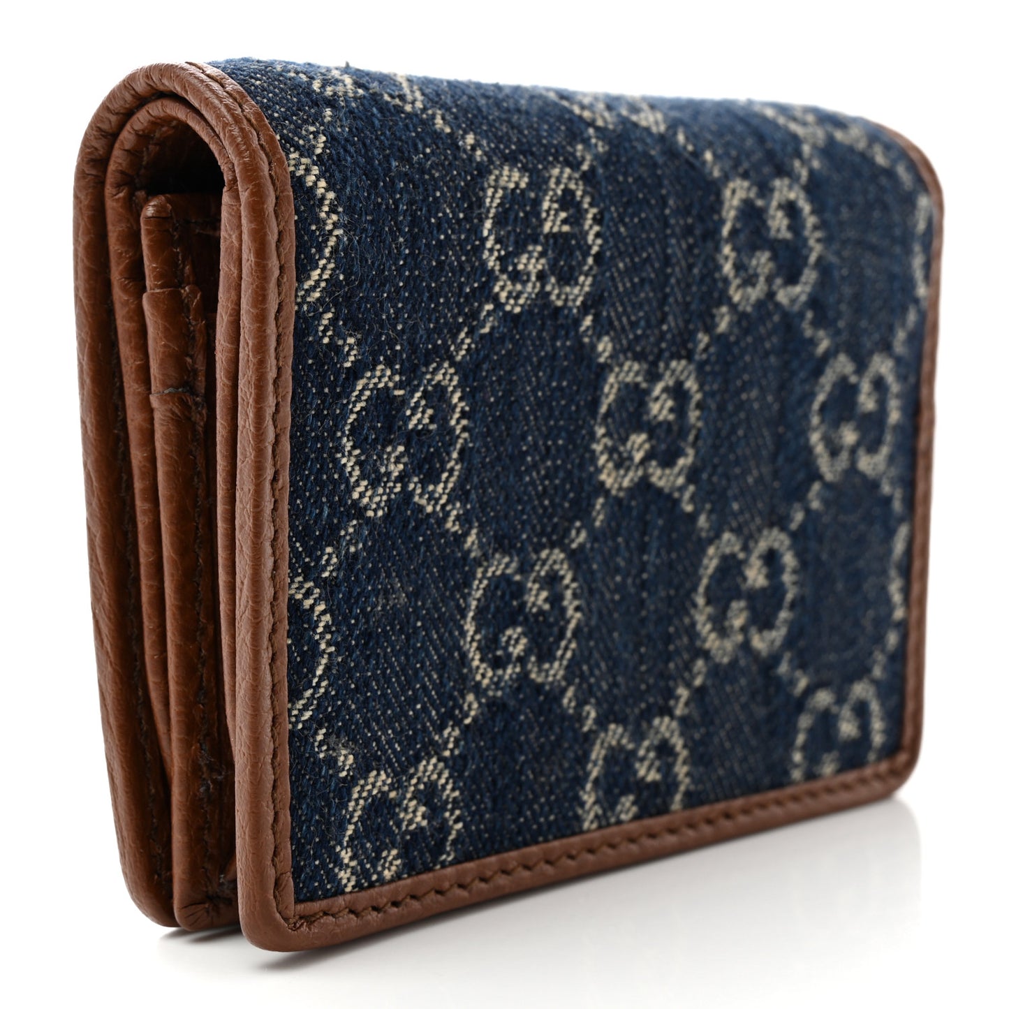 New Denim GG Monogram Dollar Calfskin Horsebit 1955 Card Case Wallet Blue Tea Cuir Epilog