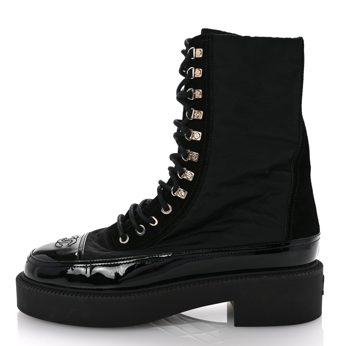 Nylon Suede Patent Calfskin Womens CC Lace Up Boots 38.5 Black