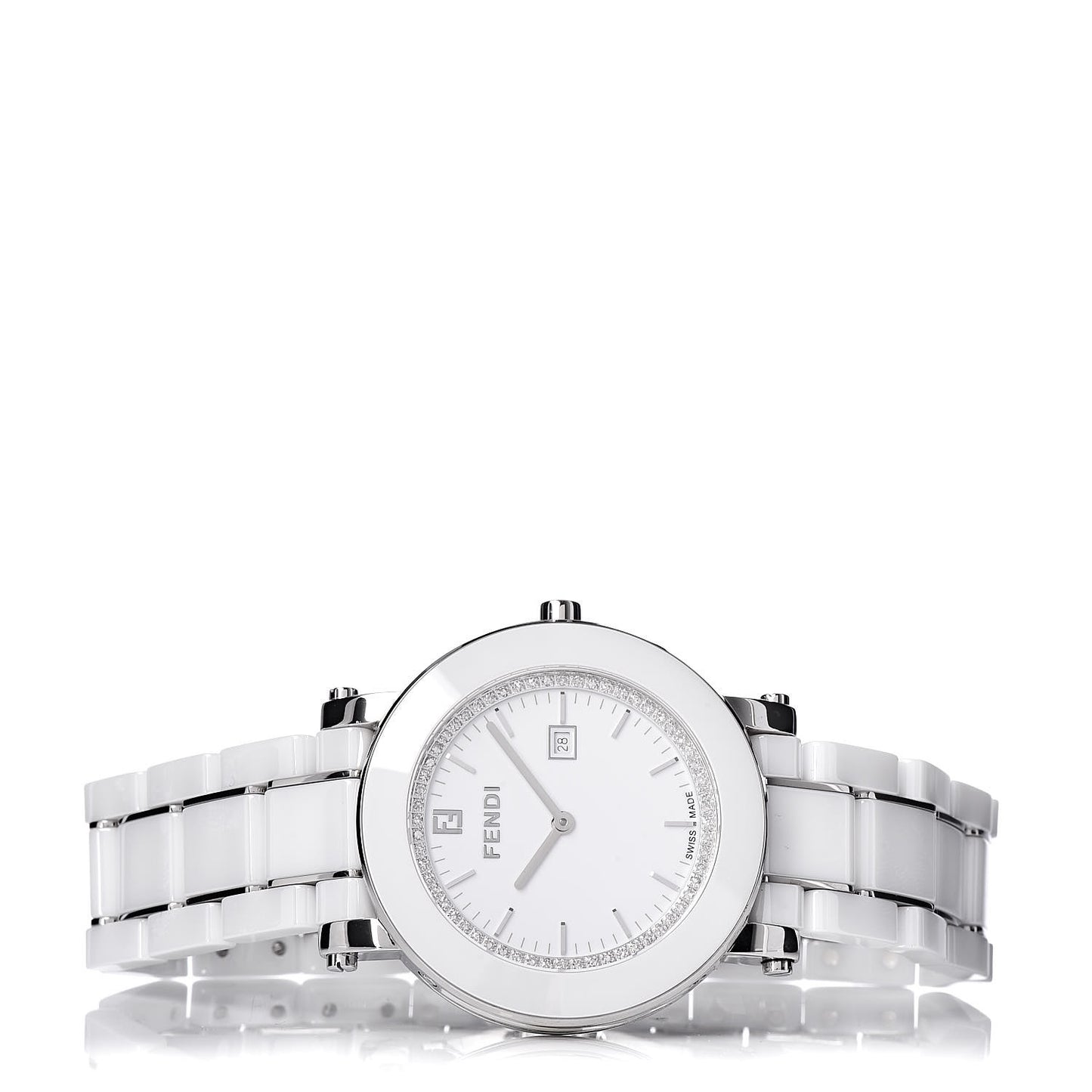 Stainless Steel Ceramic Diamond Bezel 38mm Round Quartz Watch White