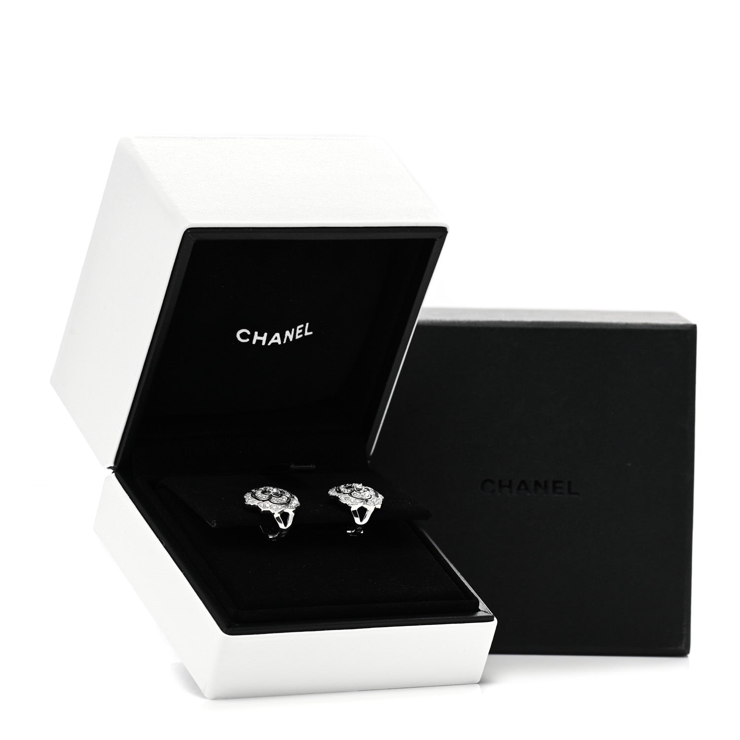Chanel 18K White Gold Diamond Bouton de Camelia Earrings 5 of 5