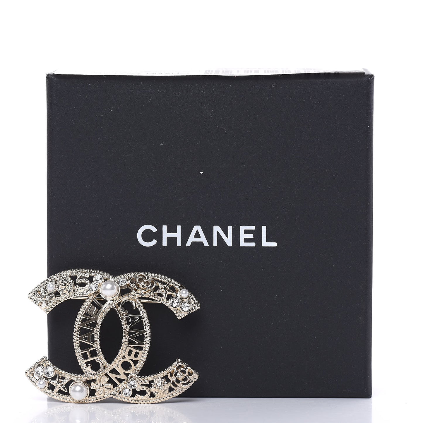 Crystal Pearl Charms CC Logo Brooch Gold
