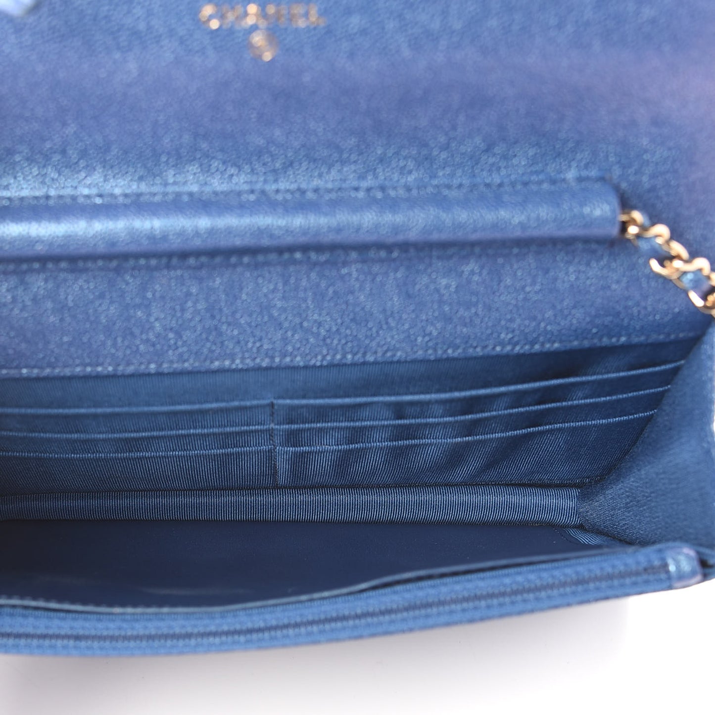 Iridescent Caviar Quilted Wallet On Chain WOC Dark Blue