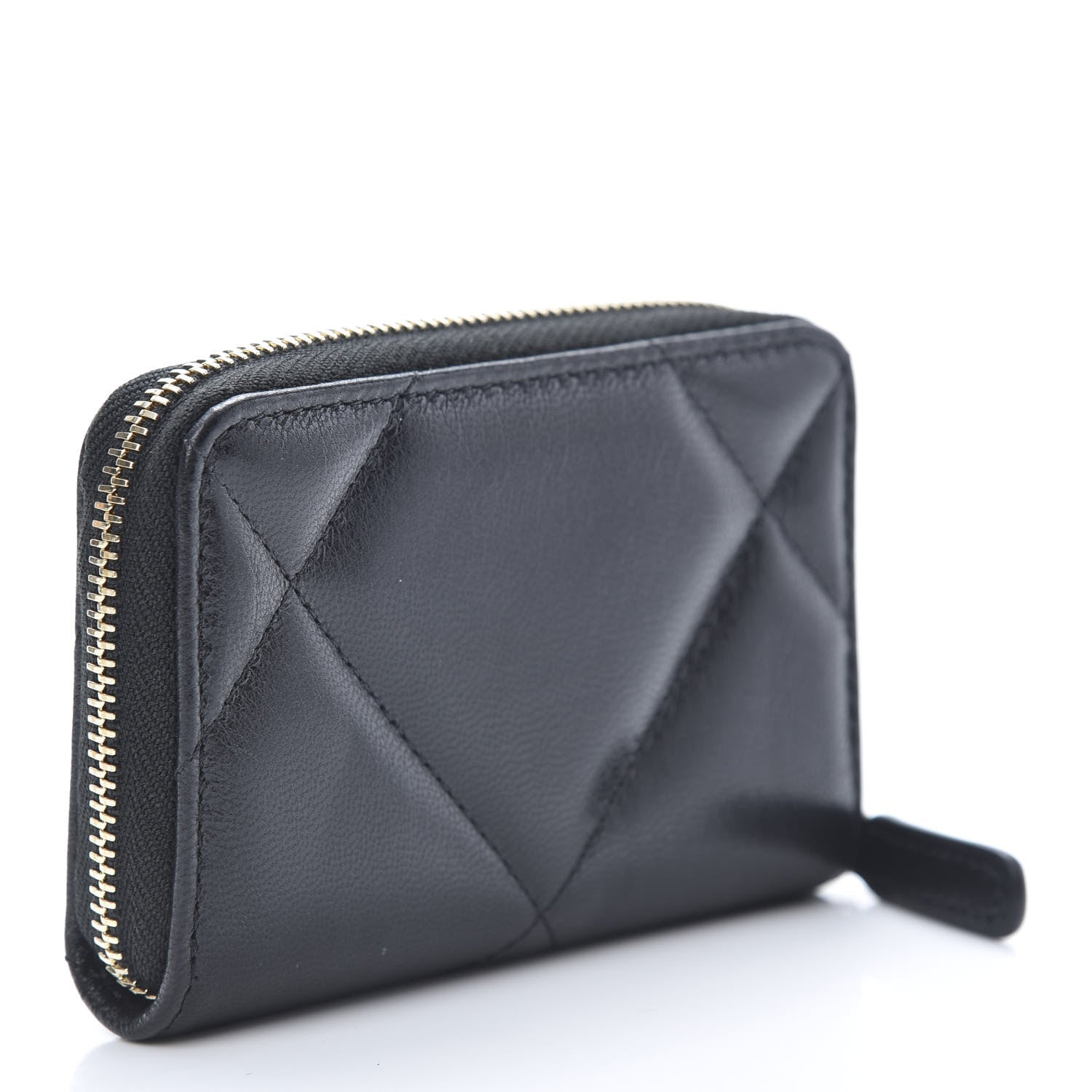 Chanel Shiny Goatskin Quilted Chanel 19 Zip Around Coin Purse Wallet Black 3 of 8