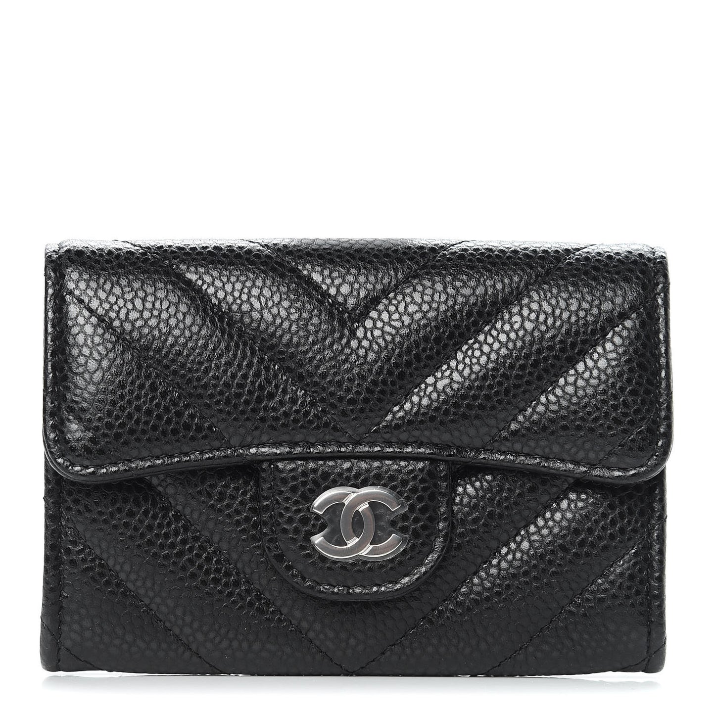 Caviar Chevron Quilted Flap Card Holder Black