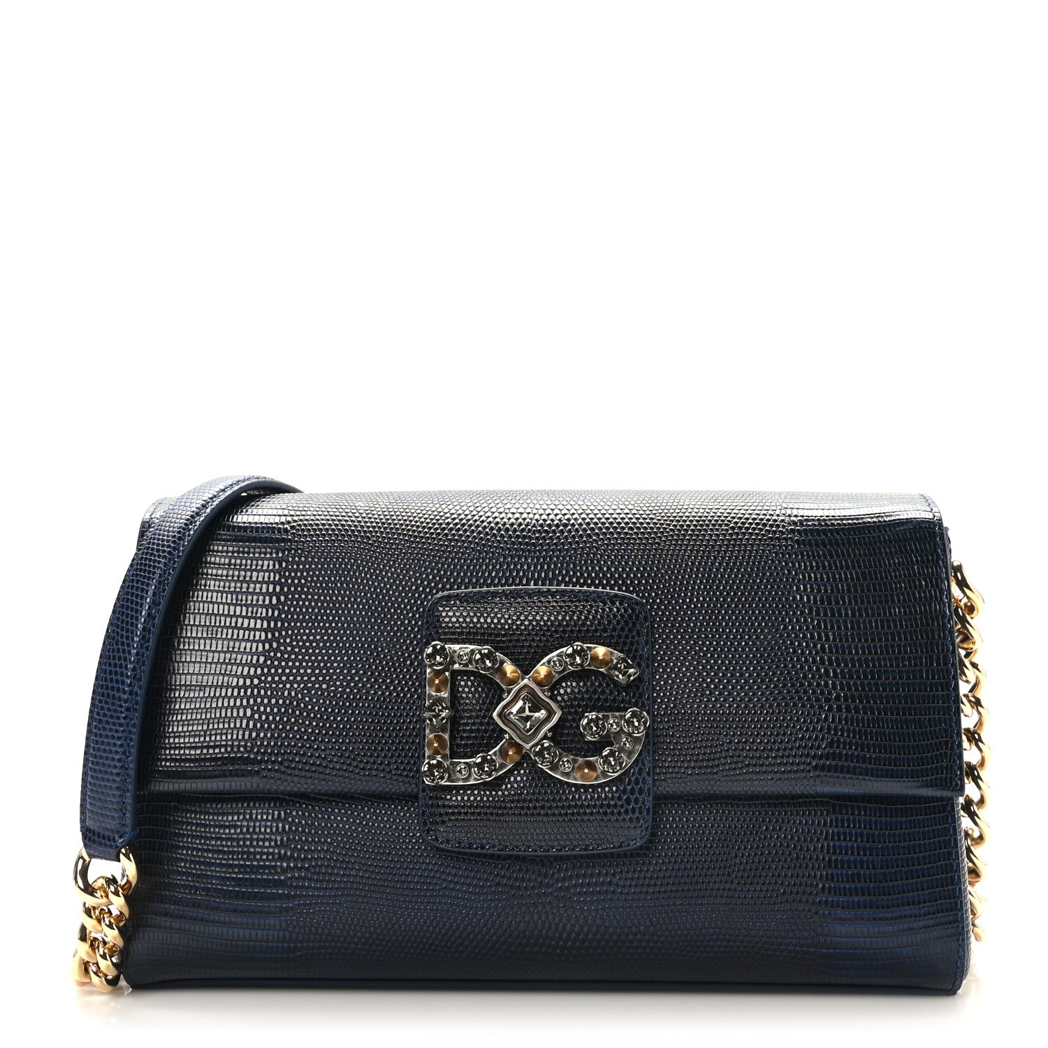 Dolce & Gabbana Stampa Iguana Calfskin Crystal Millennials Chain Shoulder Bag Blue 1 of 8