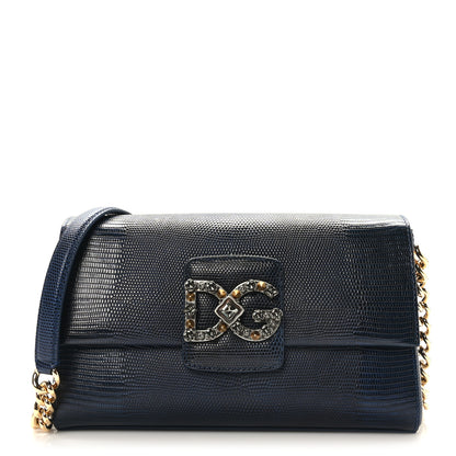 Dolce & Gabbana Stampa Iguana Calfskin Crystal Millennials Chain Shoulder Bag Blue 1 of 8