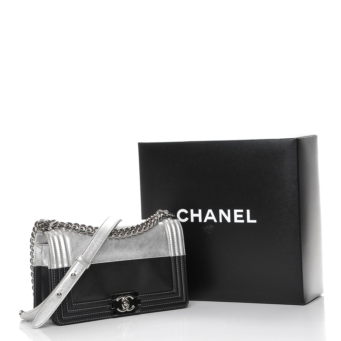 Metallic Goatskin Calfskin Medium Boy Flap Silver Black