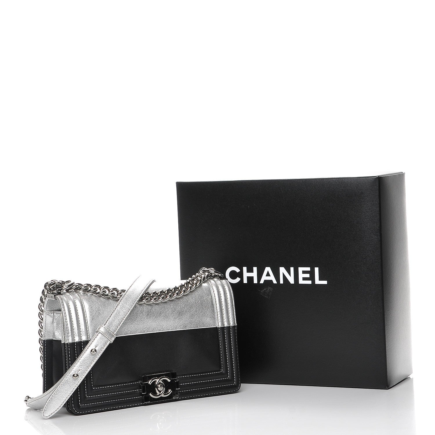 Chanel Metallic Goatskin Calfskin Medium Boy Flap Silver Black 9 of 9
