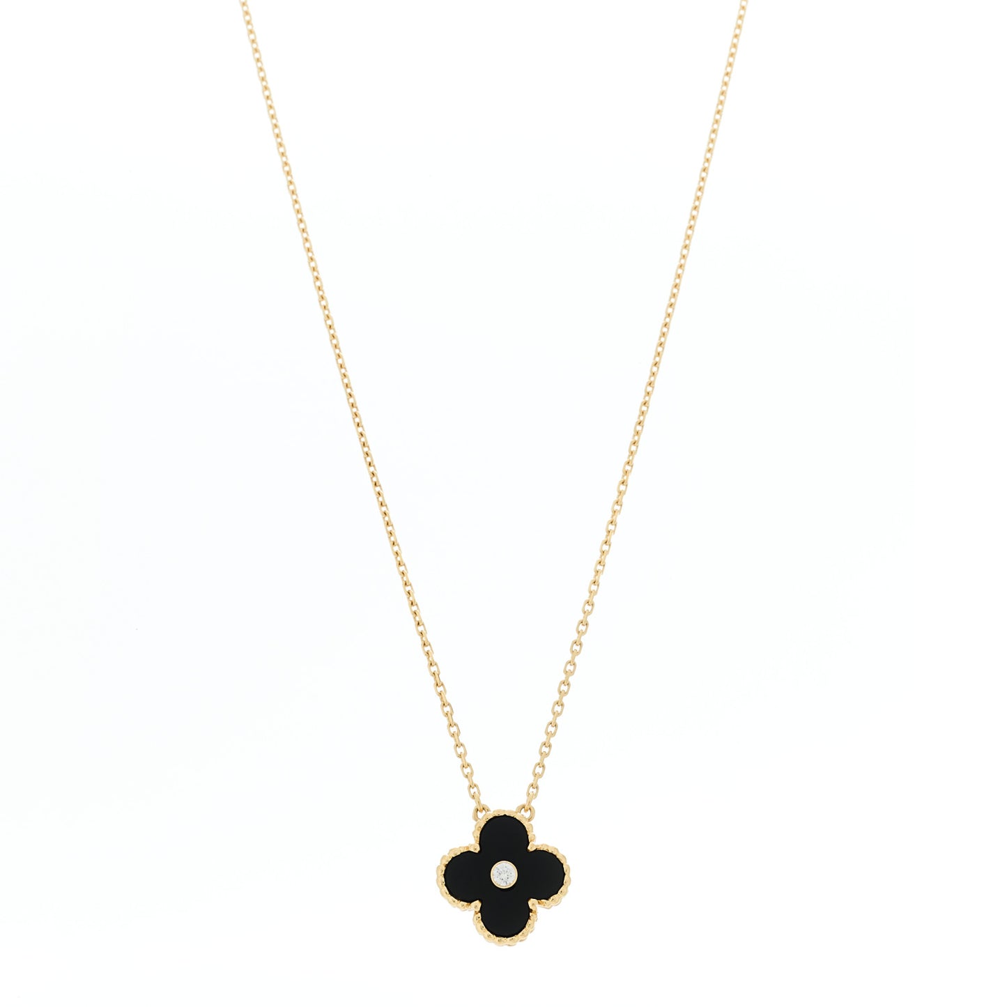 18K Yellow Gold Diamond Black Onyx Vintage Alhambra Pendant Necklace