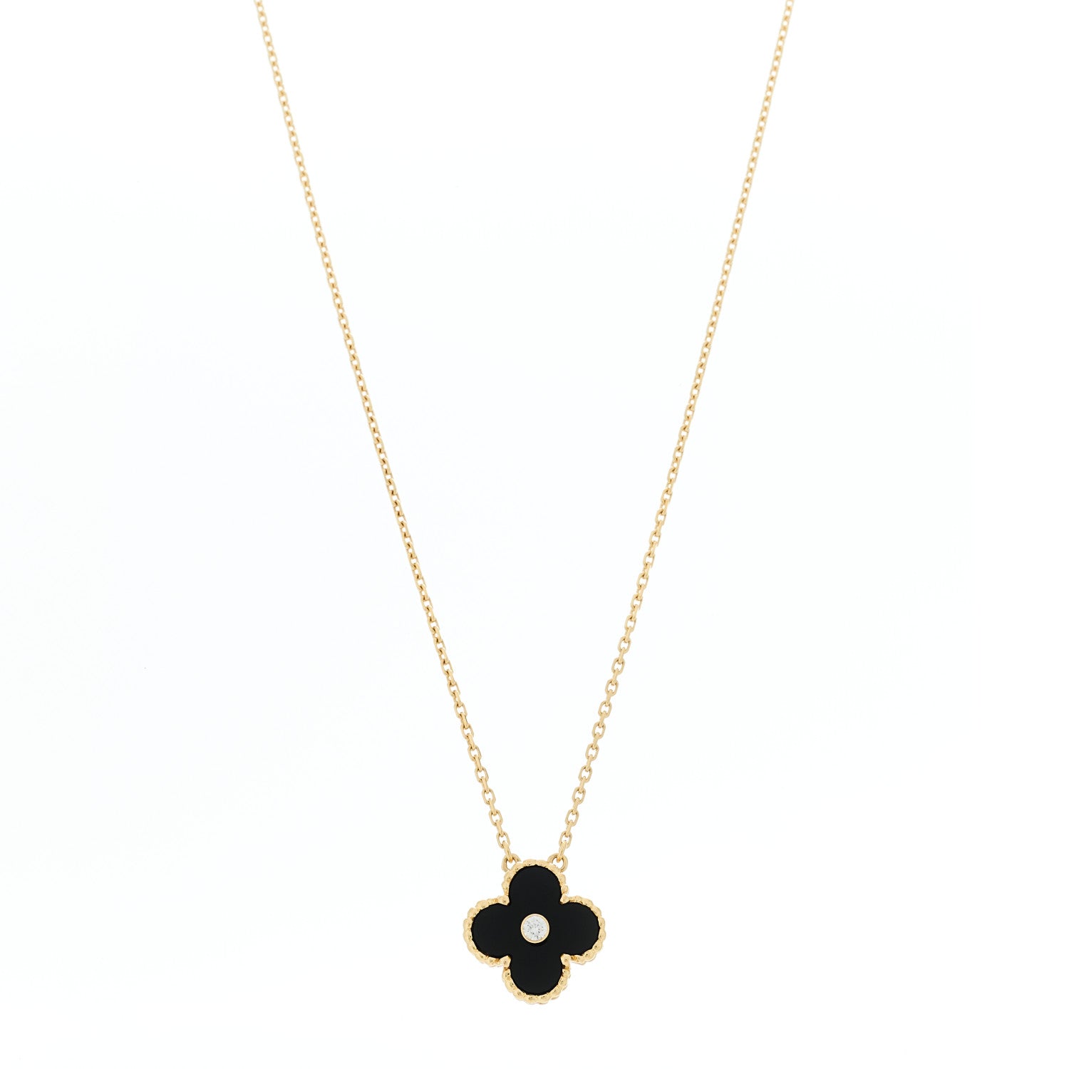 Van Cleef & Arpels 18K Yellow Gold Diamond Black Onyx Vintage Alhambra Pendant Necklace 1 of 5