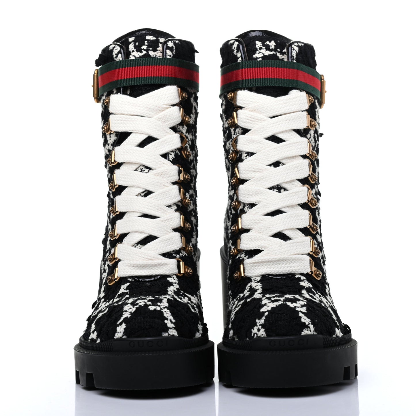 Tweed GG Monogram Lace Up Combat Ankle Boots 37 Black