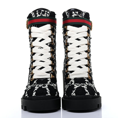 Gucci Tweed GG Monogram Lace Up Combat Ankle Boots 37 Black 2 of 9