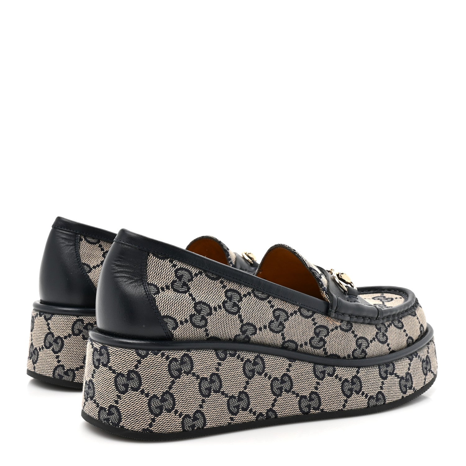 Gucci Monogram Horsebit Calfskin Womens Horsebit Wedge Platform Loafers 37.5 Beige Blue 5 of 10