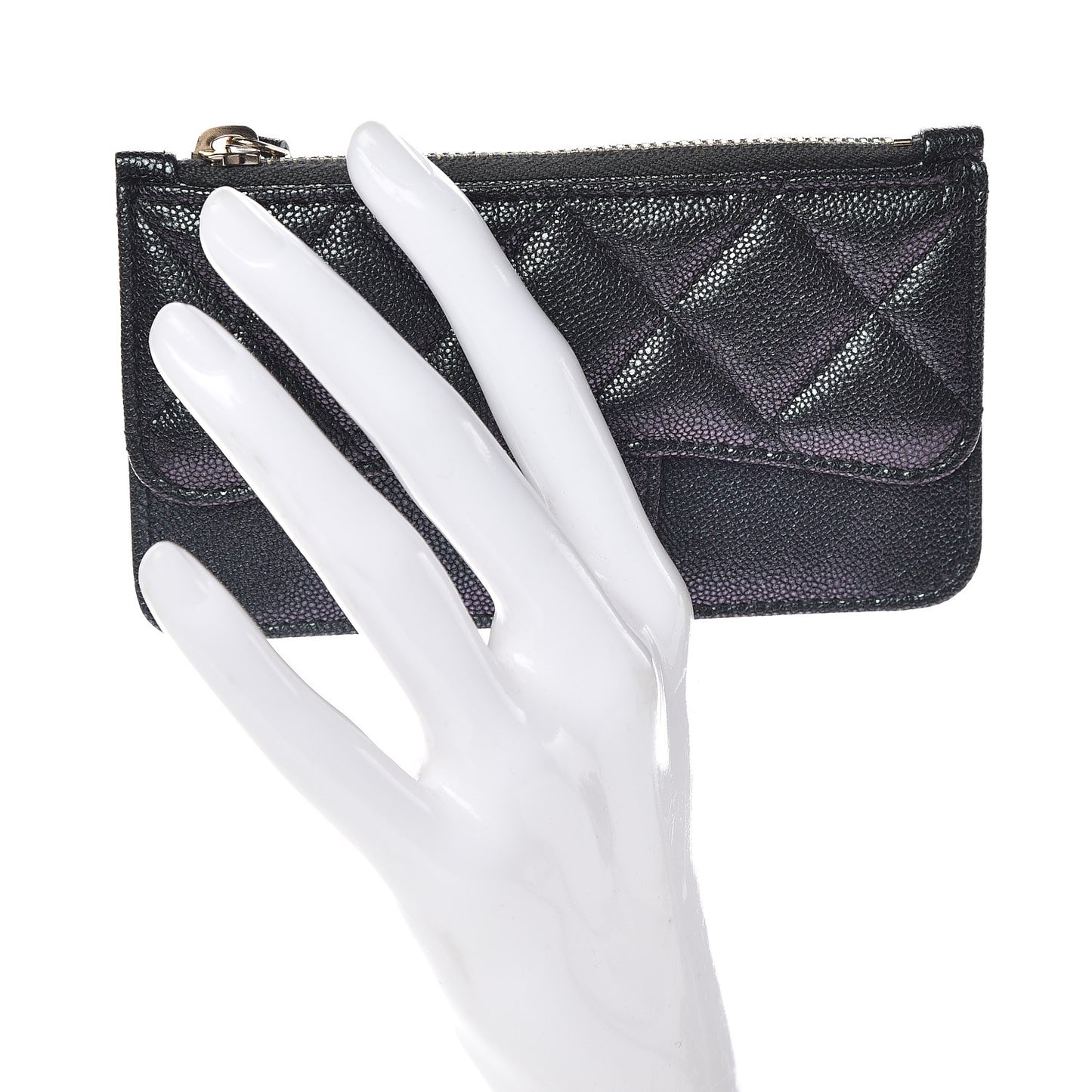 Iridescent Caviar Quilted Flap Zip Card Holder Black