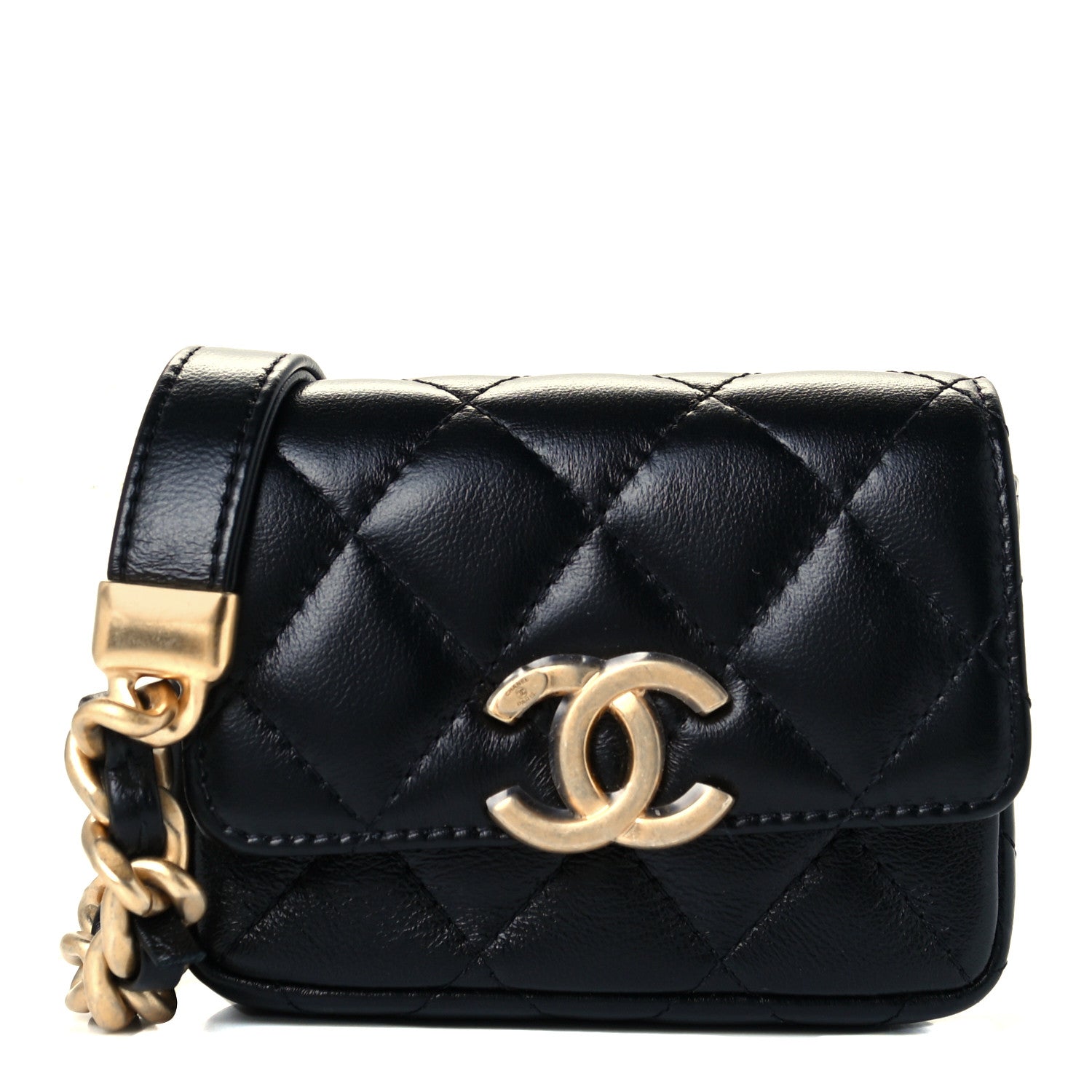 Chanel Lambskin Lacquered Metal Quilted Flap Chain Belt Bag Black 1 of 11