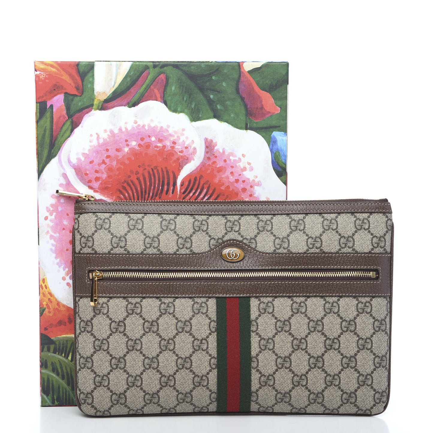 GG Supreme Monogram Large Ophidia Pouch Clutch Brown