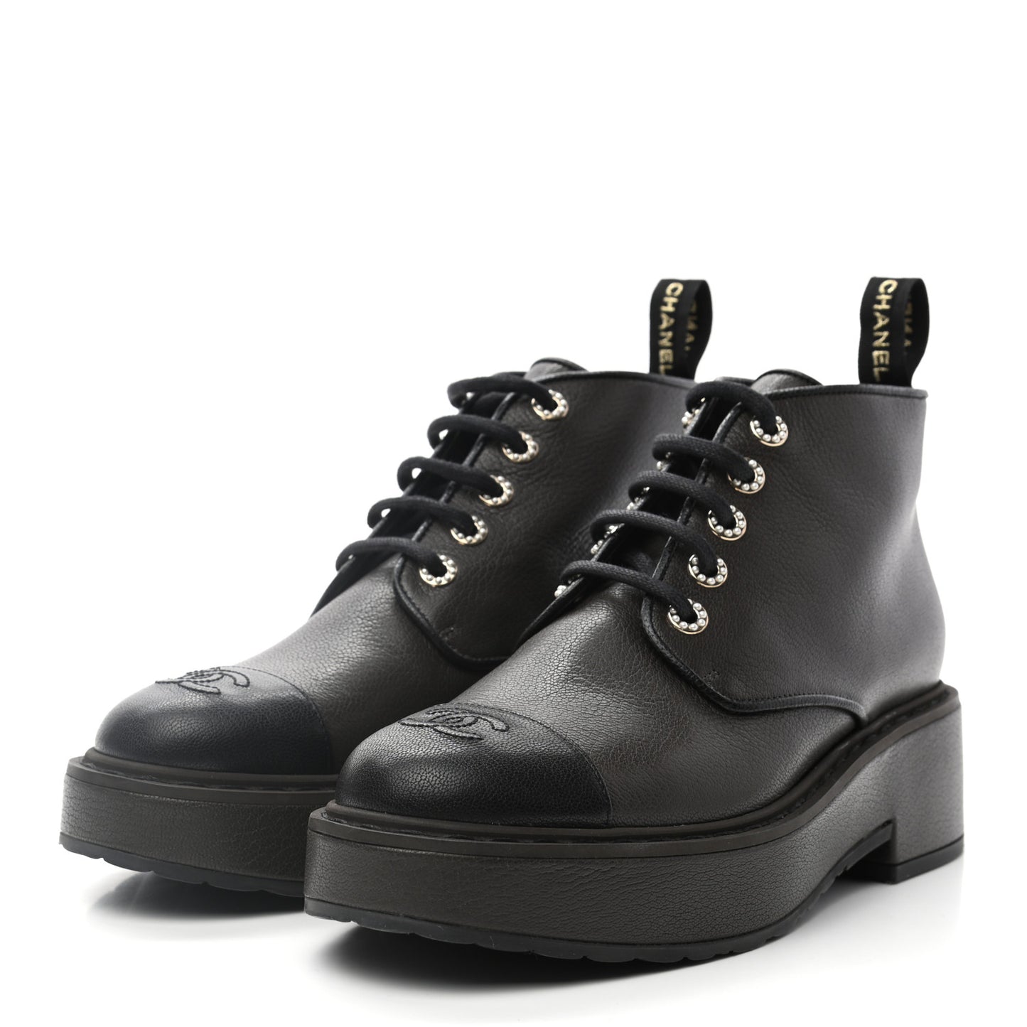 Goatskin Pearl Lace Up CC Short Boots 41.5 Brown Black