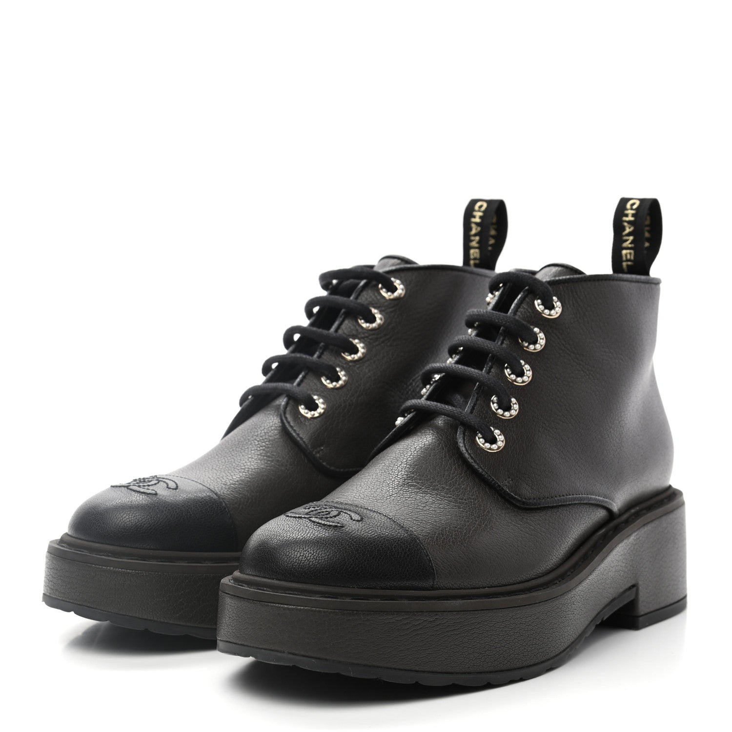 Chanel Goatskin Pearl Lace Up CC Short Boots 41.5 Brown Black 3 of 12
