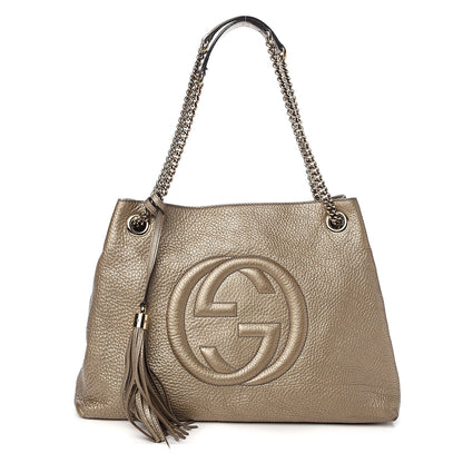 Gucci Metallic Pebbled Calfskin Medium Soho Chain Shoulder Bag Golden Beige 1 of 9