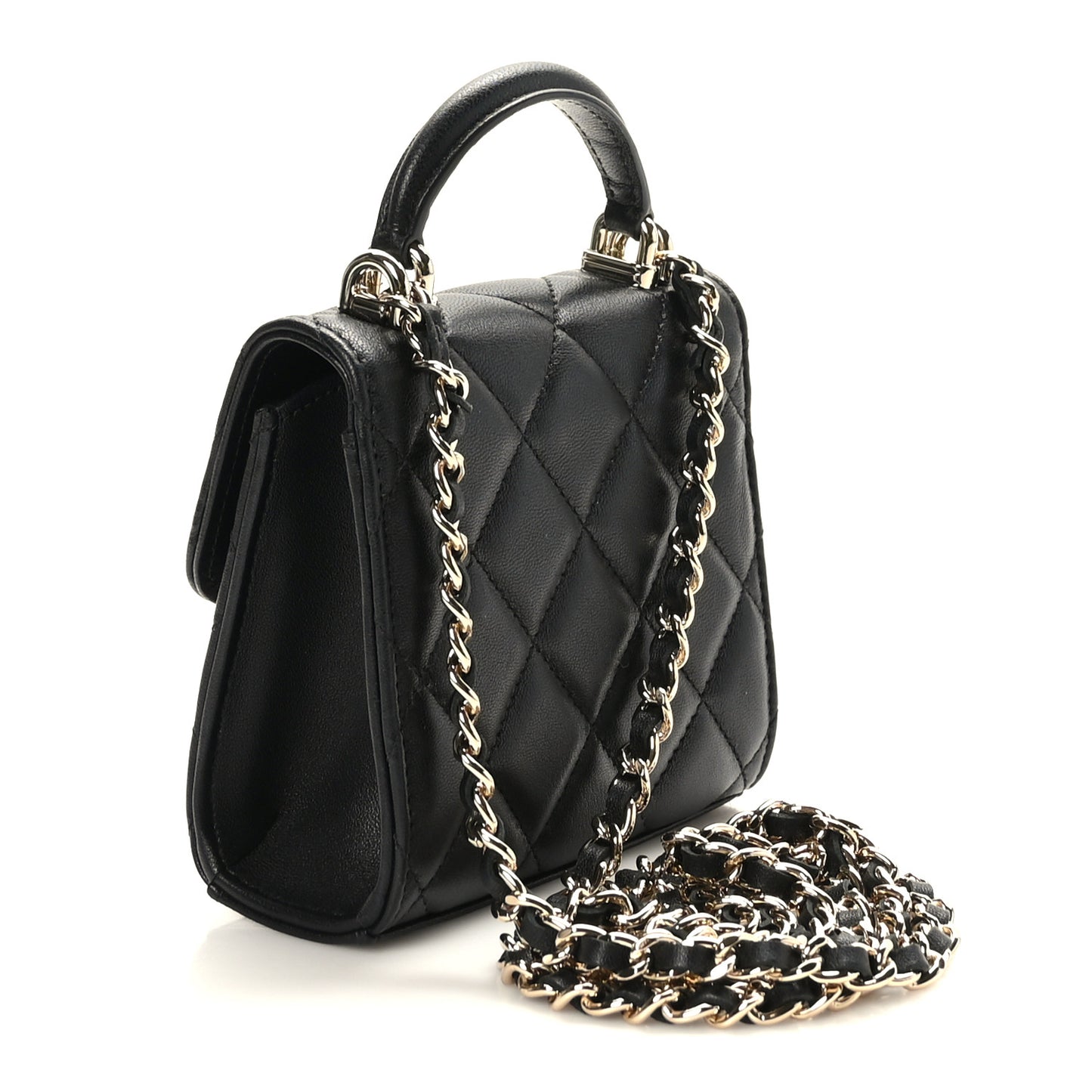 Lambskin Quilted Top Handle Flap Clutch With Chain Black