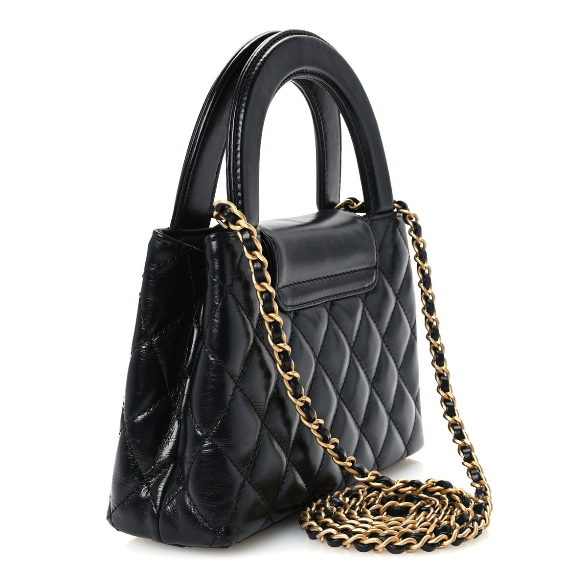 Shiny Aged Calfskin Quilted Nano Kelly Shopper Black