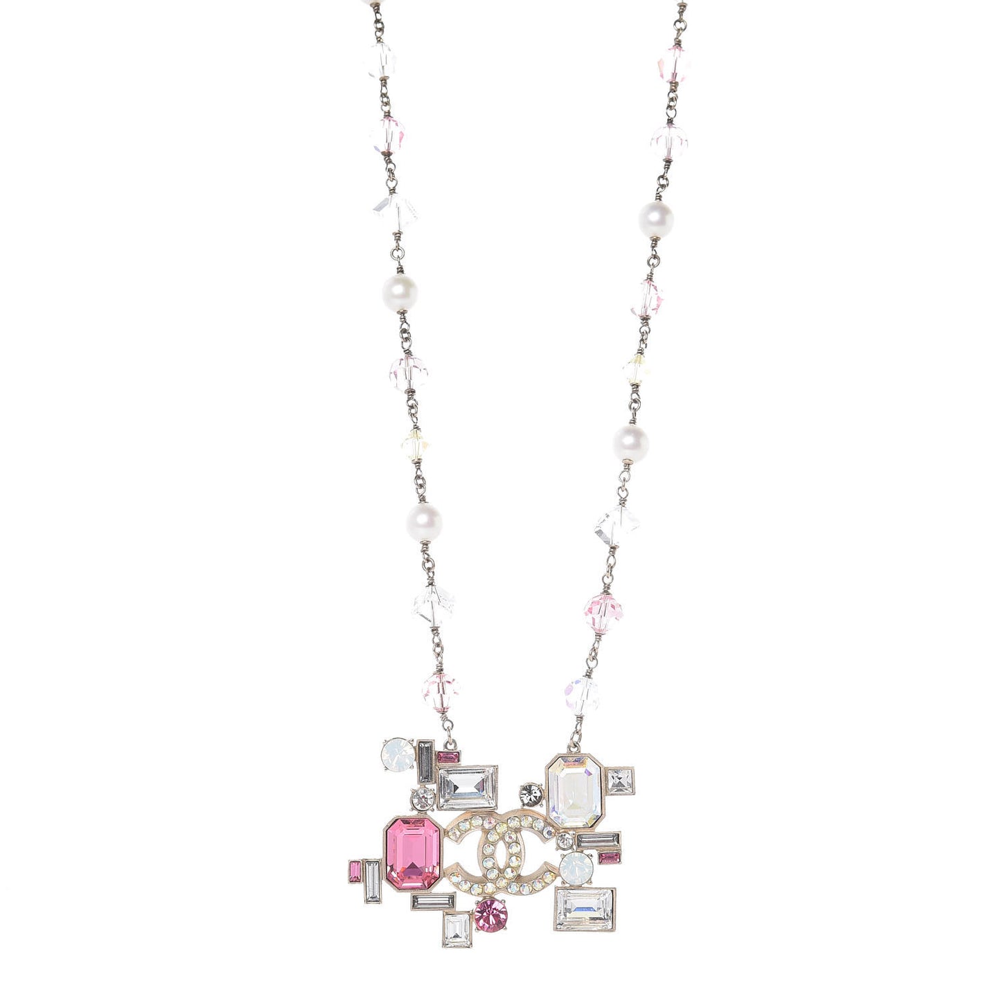 Crystal Baguette CC Pearl Necklace Pink Gold