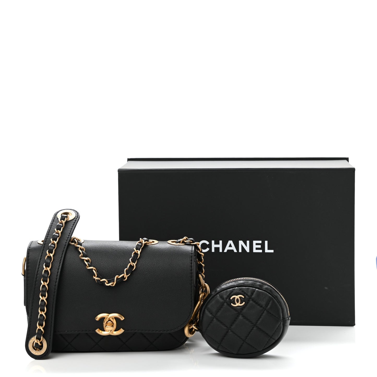 Calfskin Quilted Multi Pouching Flap And Coin Purse Black