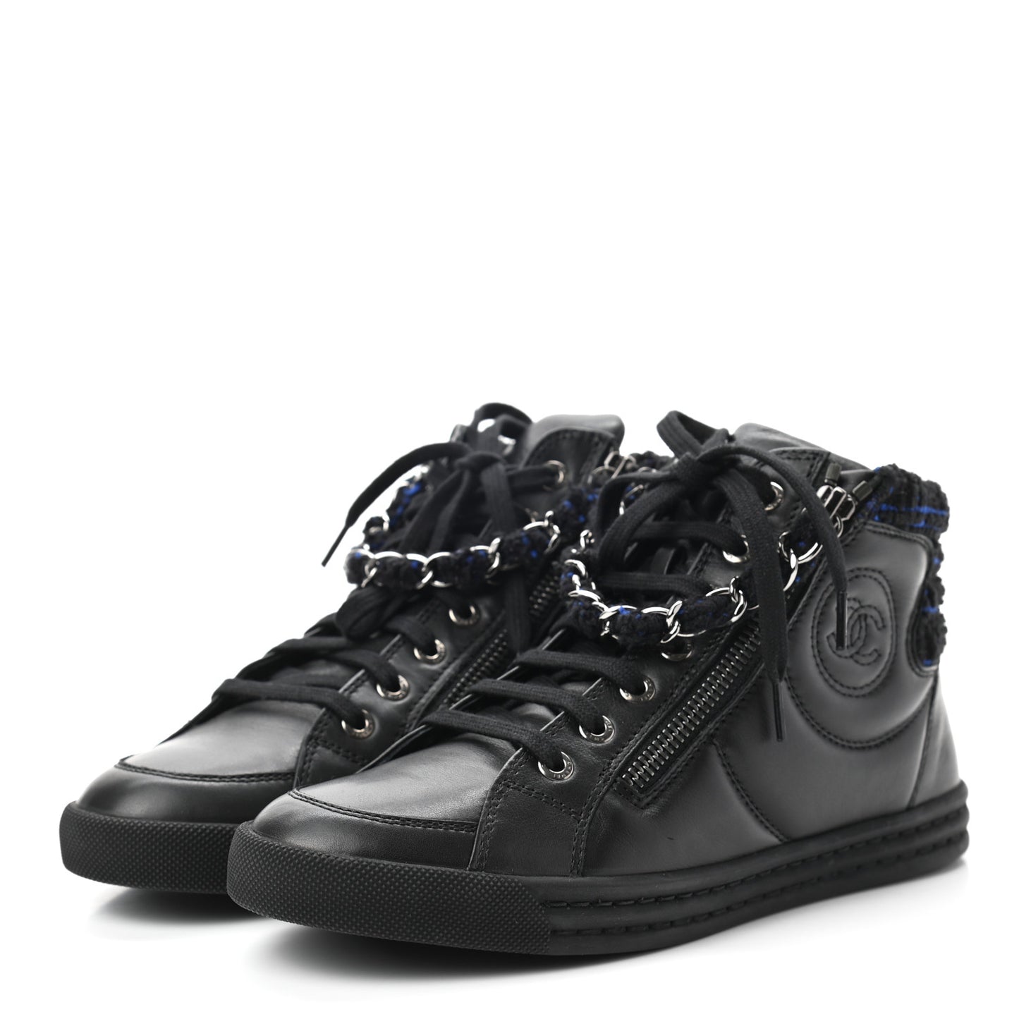Lambskin Tweed Zipped Sneakers 35.5 Black Blue