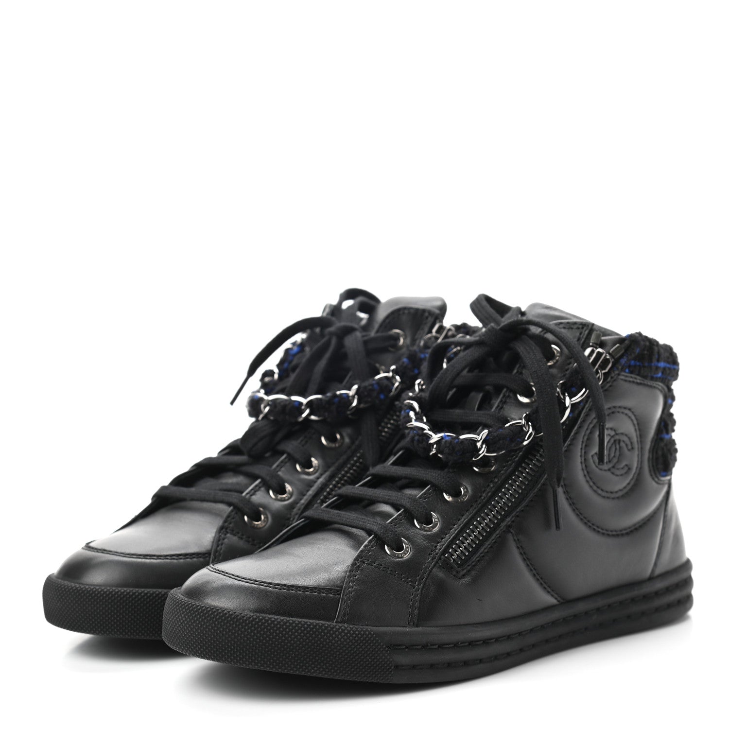 Chanel Lambskin Tweed Zipped Sneakers 35.5 Black Blue 3 of 8