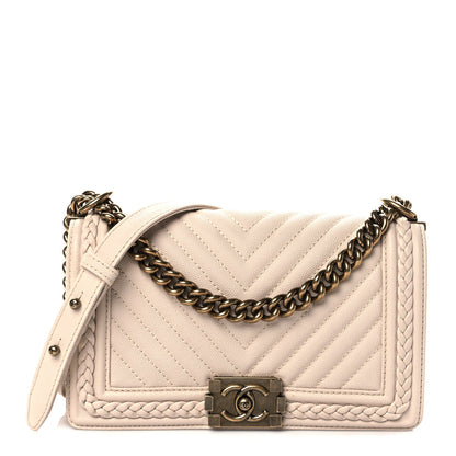 Chanel Caviar Chevron Quilted Braided Medium Boy Flap Beige 1 of 10