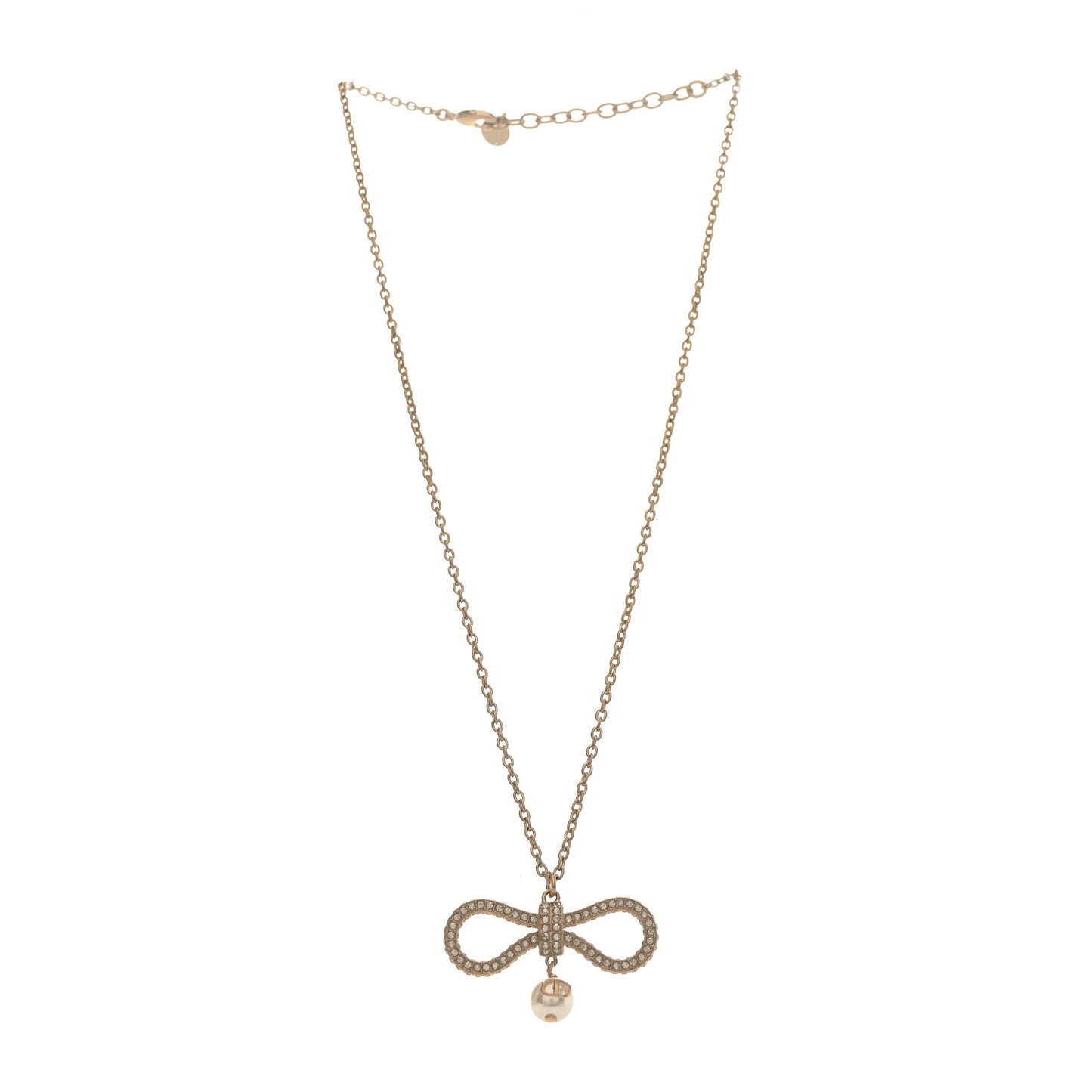 Metal Crystal Pearl CD Bow Necklace Gold