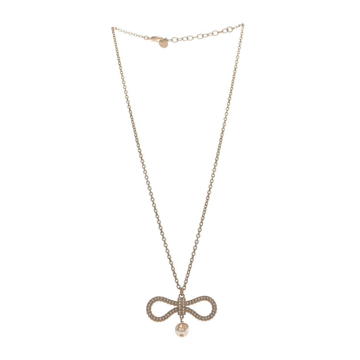 Christian Dior Metal Crystal Pearl CD Bow Necklace Gold 3 of 4