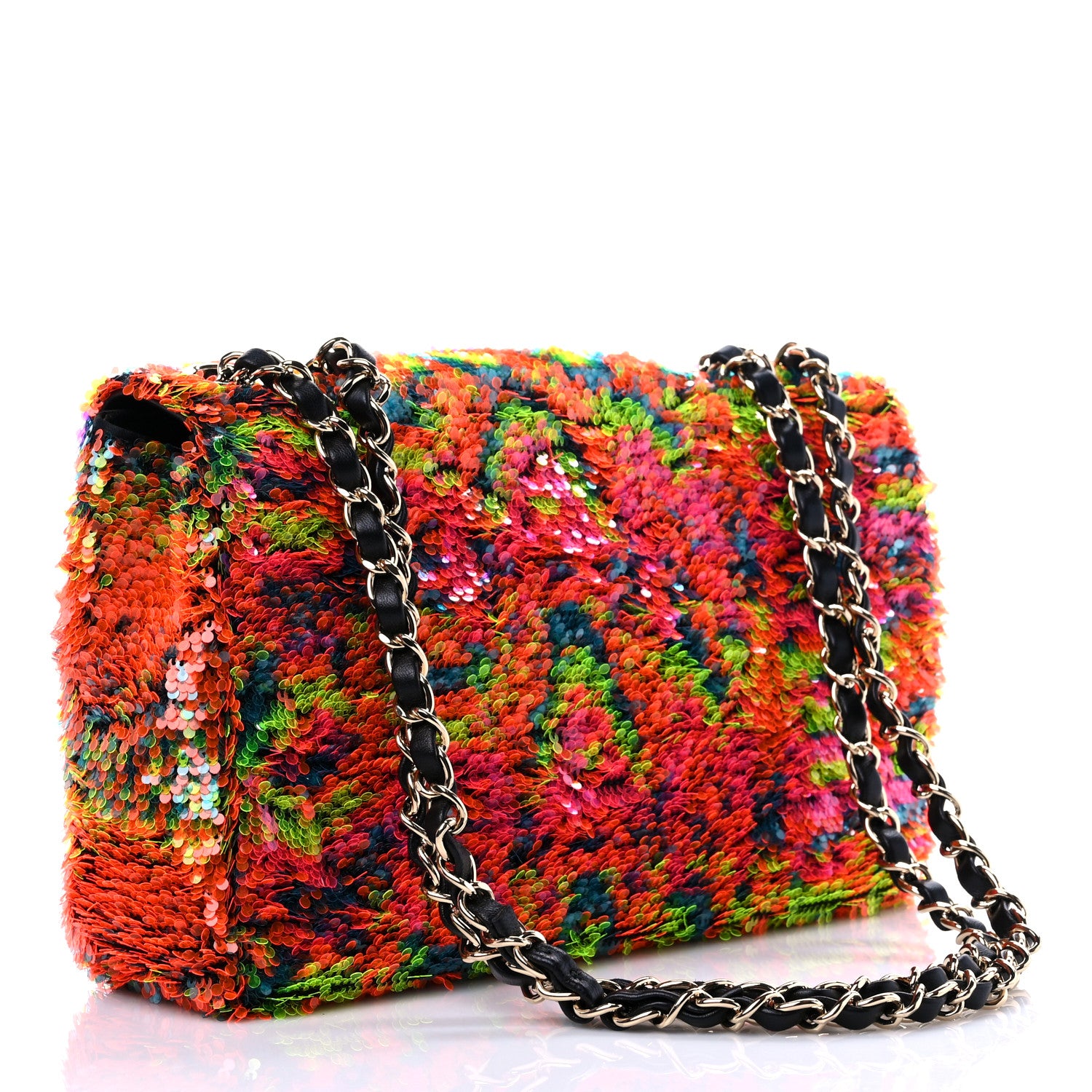 Chanel Sequin Logo Single Flap Orange Turquoise Pink 3 of 9