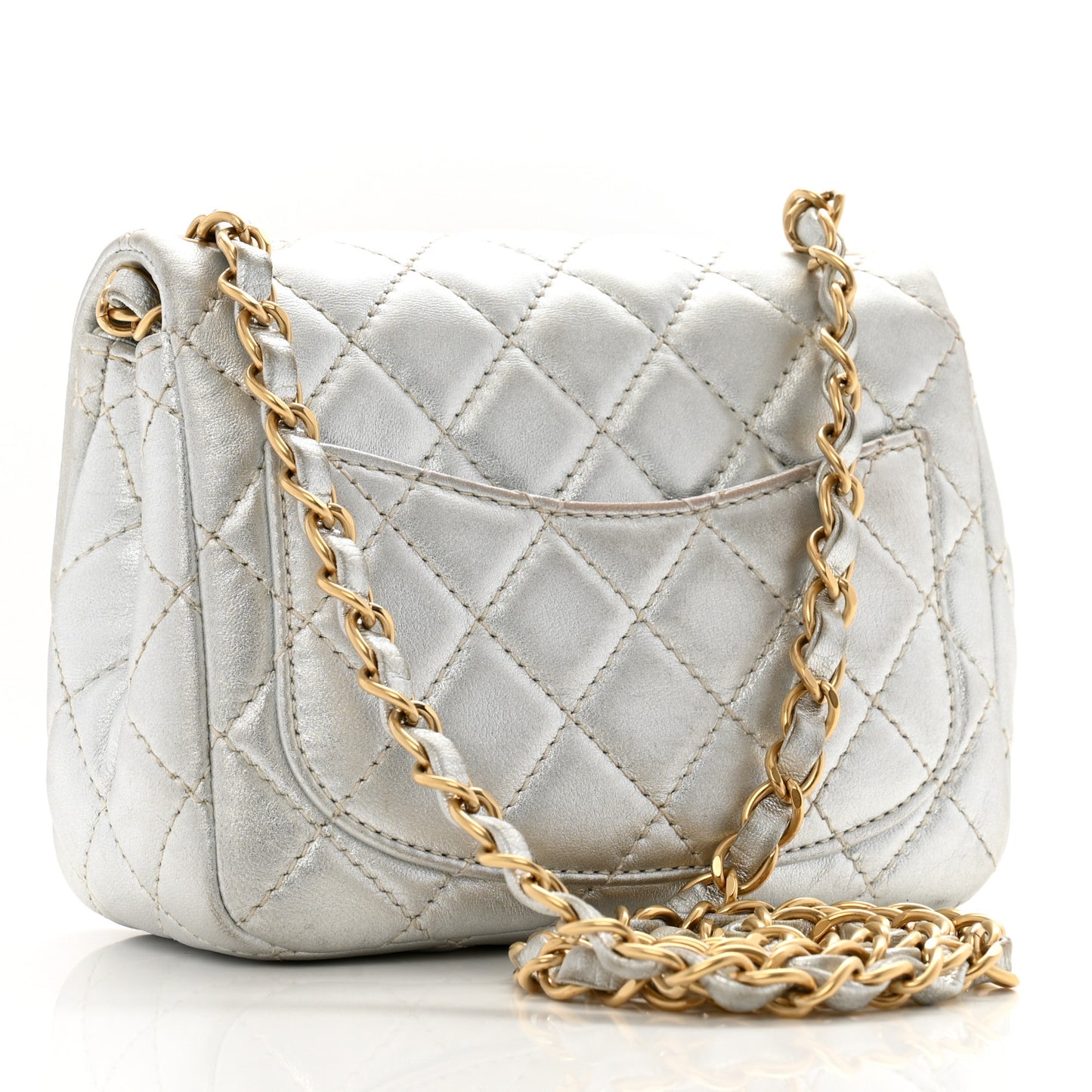 Metallic Lambskin Quilted Mini Square Flap Silver