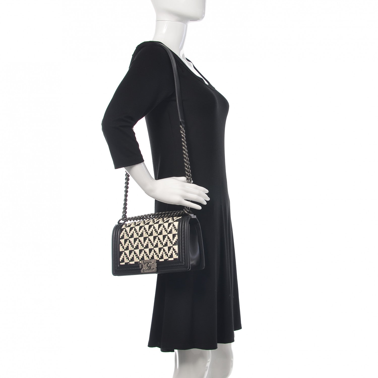 Chanel Calfskin Woven Medium Boy Flap Black White 2 of 14