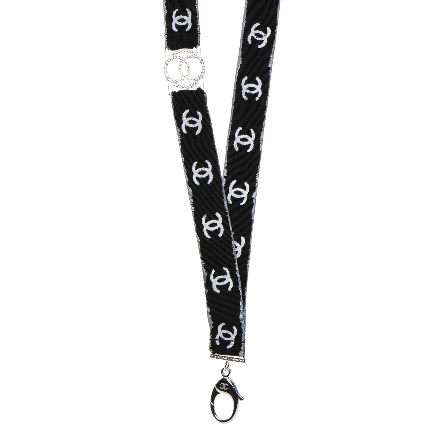 Chanel Crystal CC Lanyard Necklace Black Silver 1 of 6