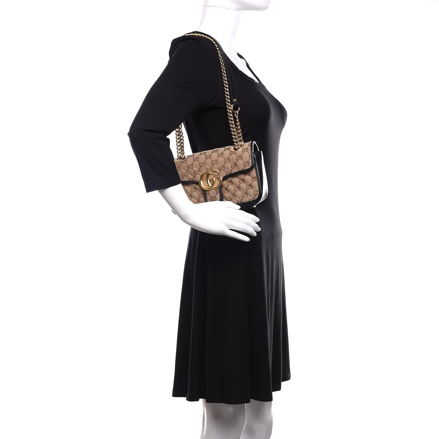 Gucci Monogram Matelasse Diagonal Mini GG Marmont Shoulder Bag Beige Black 3 of 15