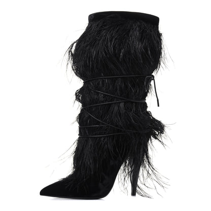 Saint Laurent Velluto Master Ostrich Yeti 110 Short Boots 37.5 Black 1 of 9