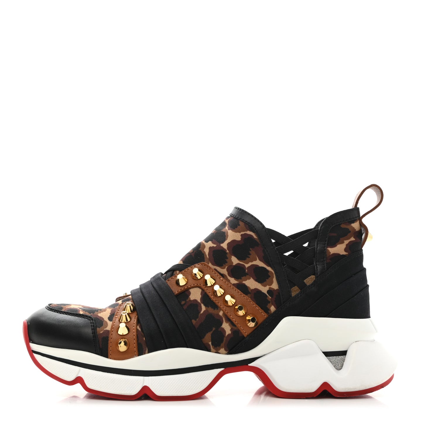 Calfskin Neoprene Leopard Studded Donna Flat Sneakers 36 Black Marron